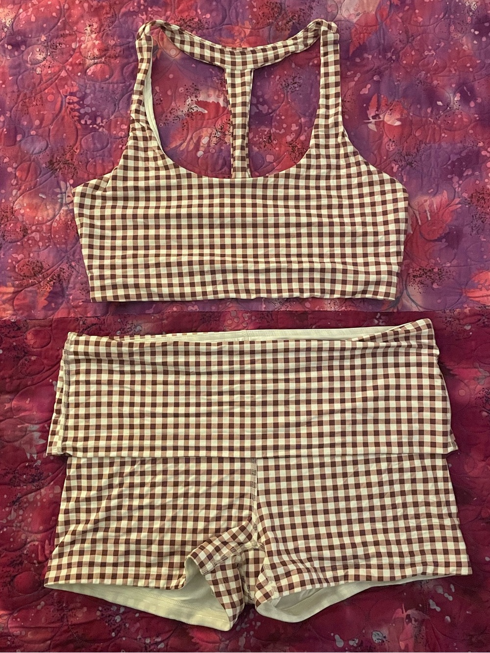 Gingham Racerback Sports Bra and Low Waist Shorts Work Out Set - Brown/White